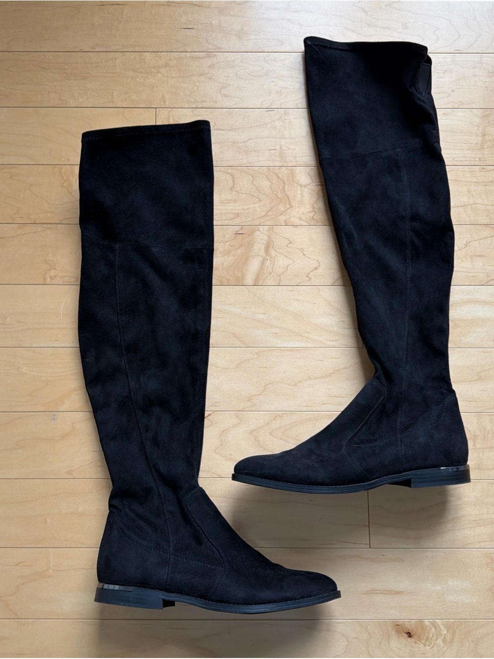 Marc Fisher Black Faux Suede Over The Knee Flat Boots Silver Heel Detail Size 10